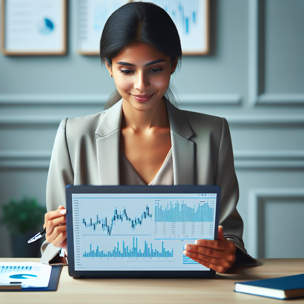 En moderne, profesjonell illustrasjon av en finansagent som gir digital rådgivning: laptop, papirarbeid, graf over økonomi på skjerm, nøytral blå og grønn fargetone, vennlig stil