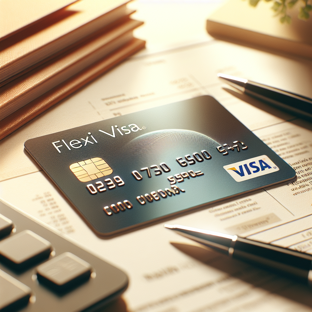 Nærbilde av et moderne kredittkort merket 'Flexi Visa' på et skrivebord med økonomidokumenter, myke varme farger og profesjonelt uttrykk
