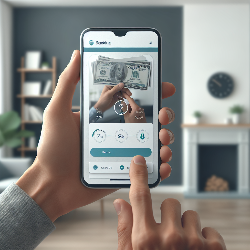 Moderne norsk digital bank-app på mobilskjerm, person i hjemmemiljø som planlegger økonomi, nøytrale blå og grønne farger, realistisk stil