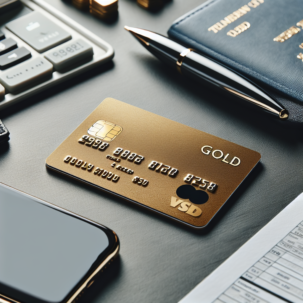 Nærbilde av et elegant kredittkort merket 'Gold' på et skrivebord ved siden av reisepapirer og en smarttelefon, moderne og profesjonell stil