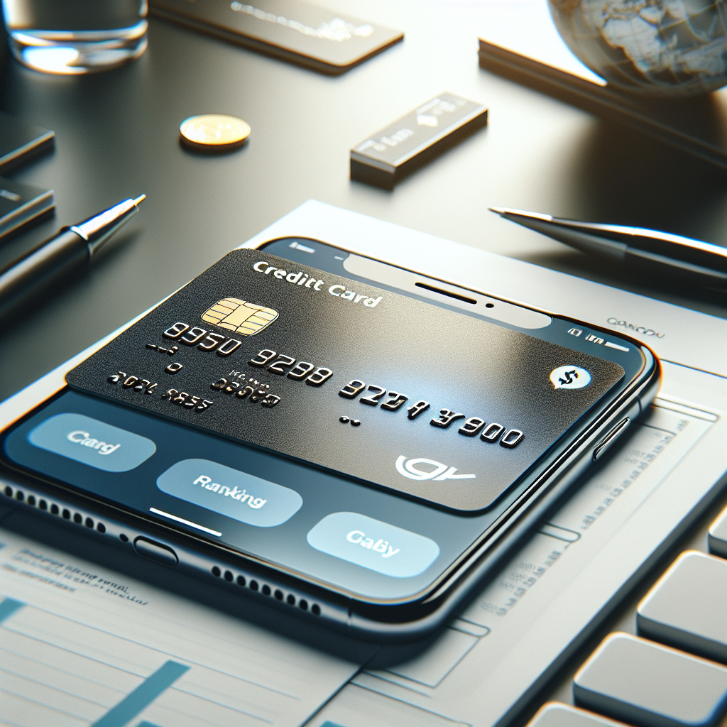 Nærbilde av et Ikano Visa-kort på et skrivebord, med mobiltelefon som viser bankapp, moderne og profesjonelt lys, nordisk fargepalett