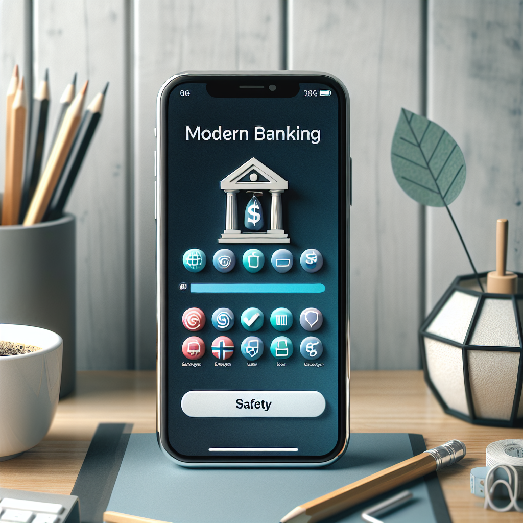 Moderne bankbruk: mobilbank-app på telefon med sikkerhetsikoner, norsk hjemmekontor og rolig fargepalett