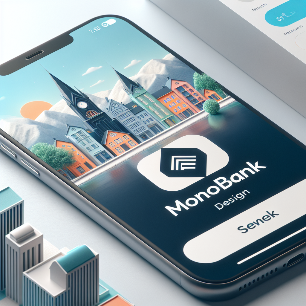 Nærbilde av en smarttelefon med en moderne bankapp åpen, Monobank-inspirert design, nordisk by i bakgrunnen, rene farger, profesjonell og tillitvekkende stil