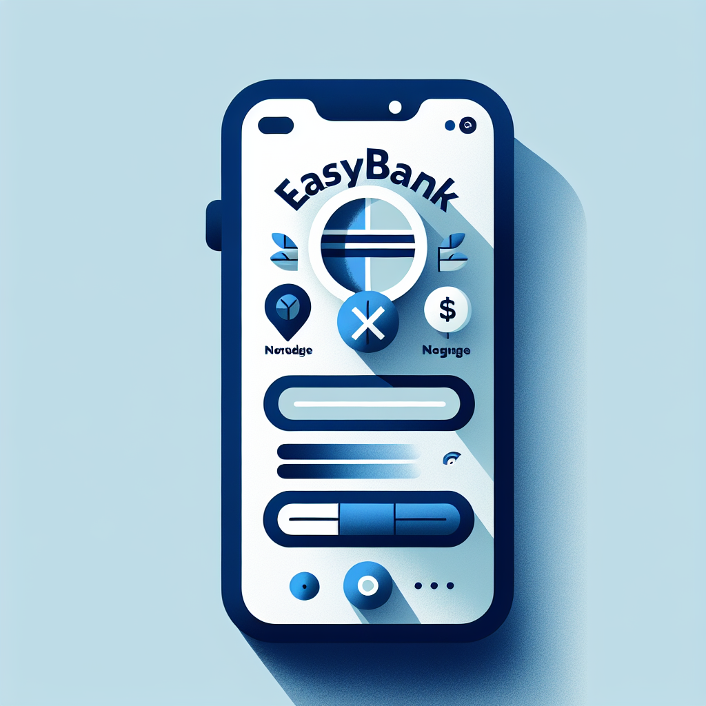 Minimalistisk illustrasjon av mobilbank-app på norsk språk, Easybank-tema, trygg økonomistyring, moderne blå og hvite farger, nordisk stil