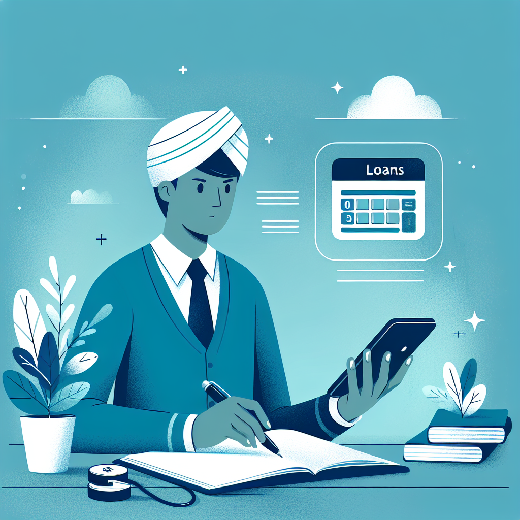 Moderne illustrasjon av en person som vurderer små lån med mobil, kalkulator og notatblokk, blå og grønne nyanser, profesjonell og rolig atmosfære